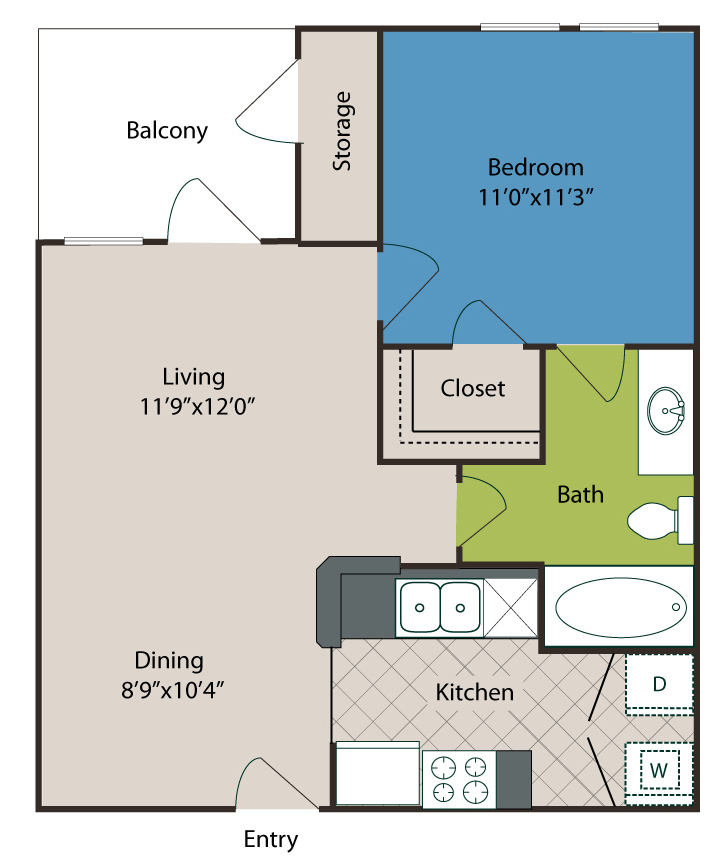 A1 Floor Plan- 1 Bedroom 1 Bathroom